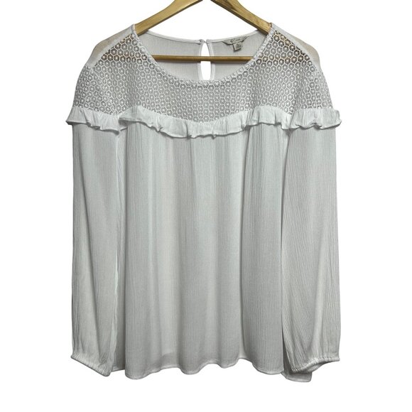 C Est 1946 White Crochet Yoke Ruffle Long Sleeve Blouse XL Minimalist Lt Weight - Picture 1 of 16
